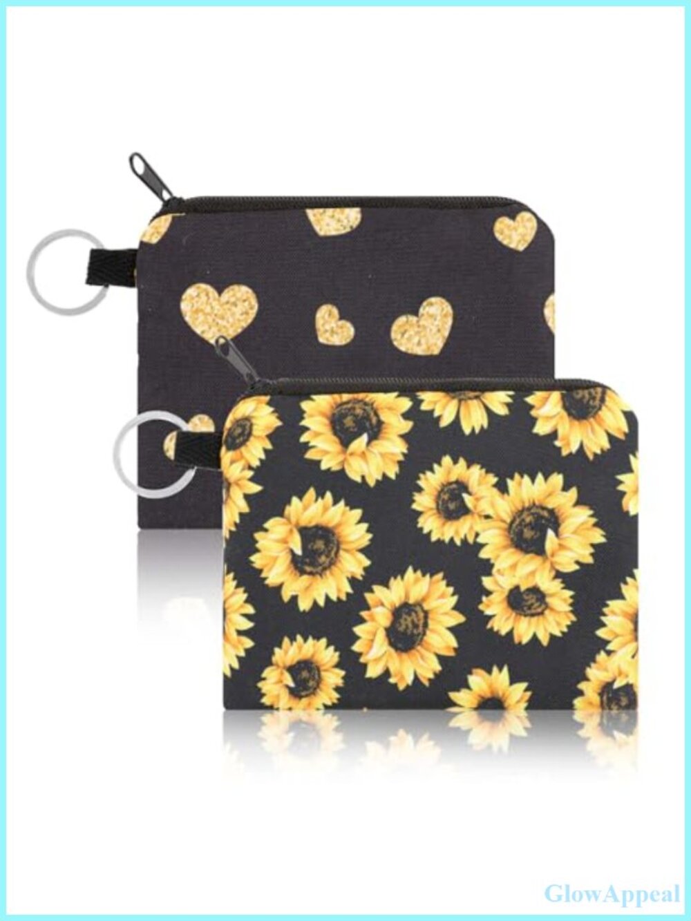 2pc Canvas Coin Purse Set with Key Ring Zipper Heart Sunflower Small Pouch